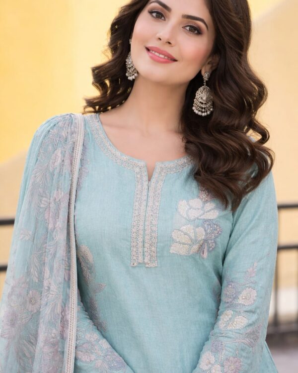 unstitched aqua green embroidered cotton slub suit set with dupatta