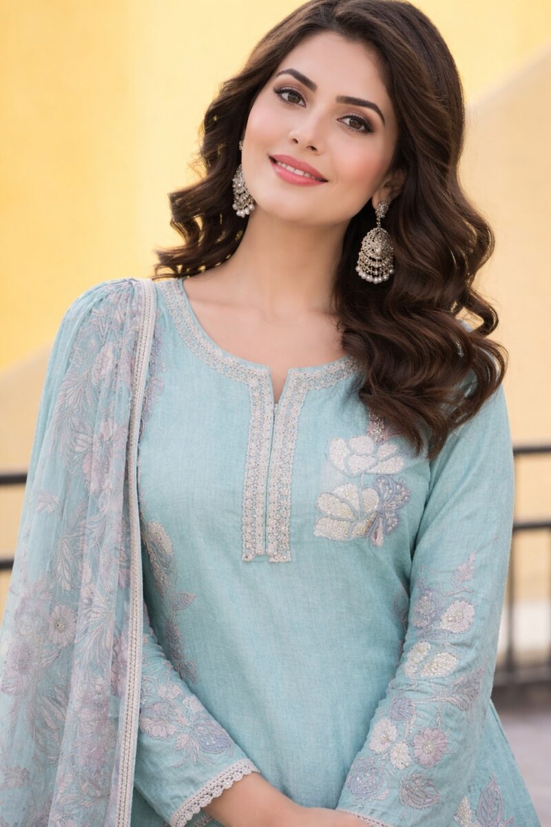 unstitched aqua green embroidered cotton slub suit set with dupatta