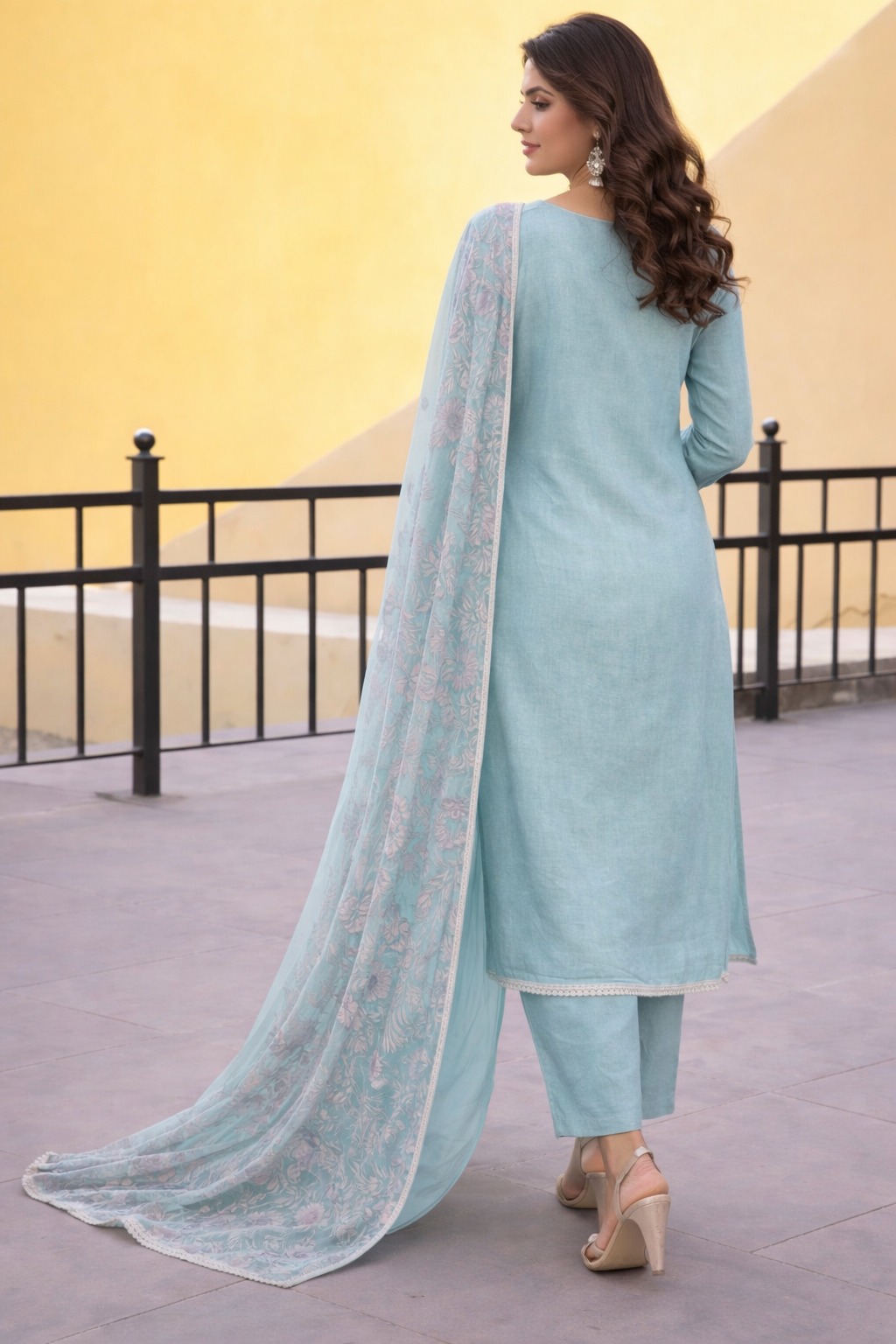 unstitched aqua green embroidered cotton slub suit set with dupatta