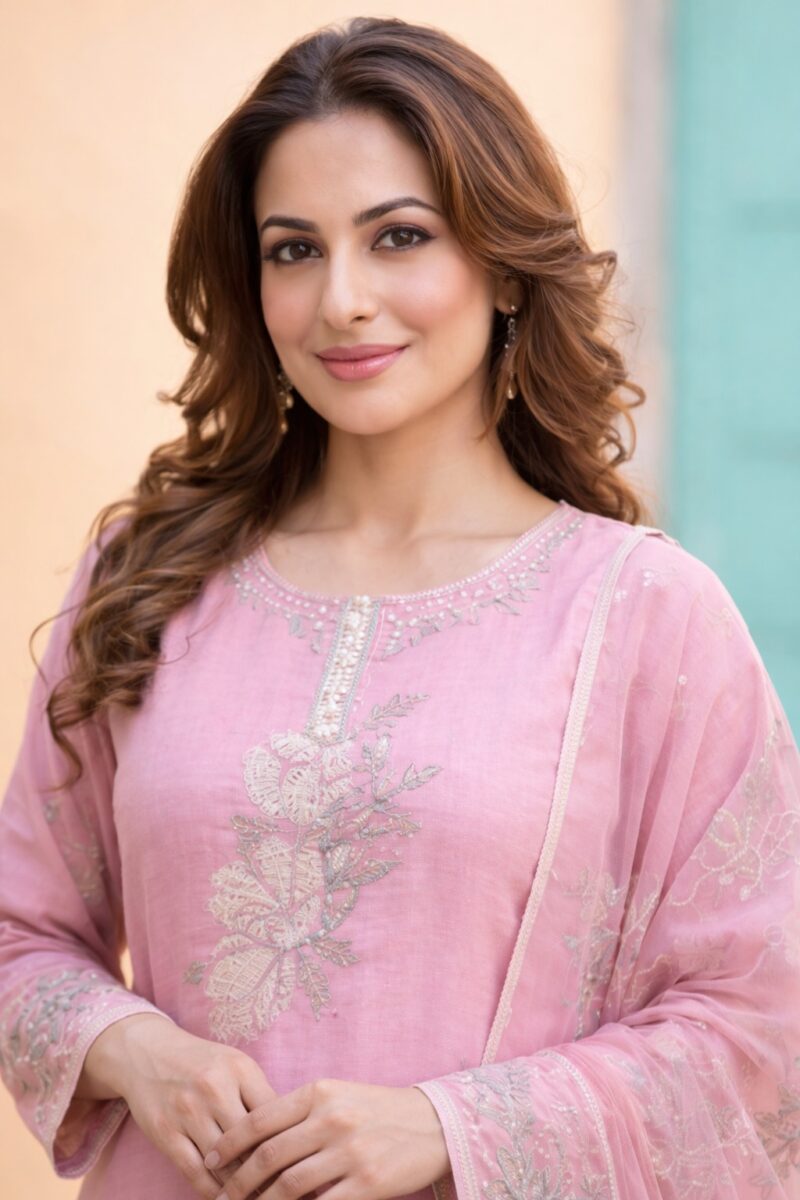 unstitched aqua green embroidered cotton slub suit set with dupatta