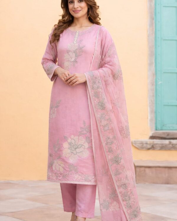 unstitched aqua green embroidered cotton slub suit set with dupatta