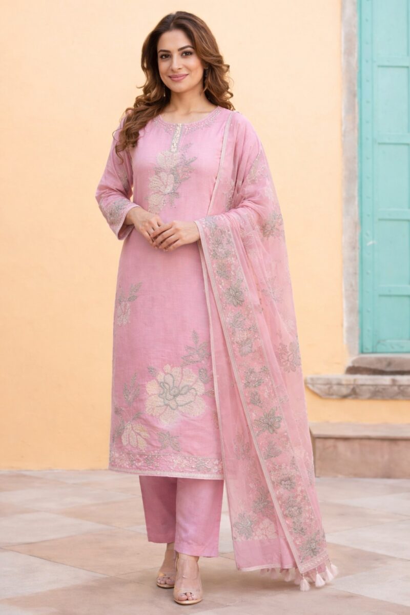 unstitched aqua green embroidered cotton slub suit set with dupatta