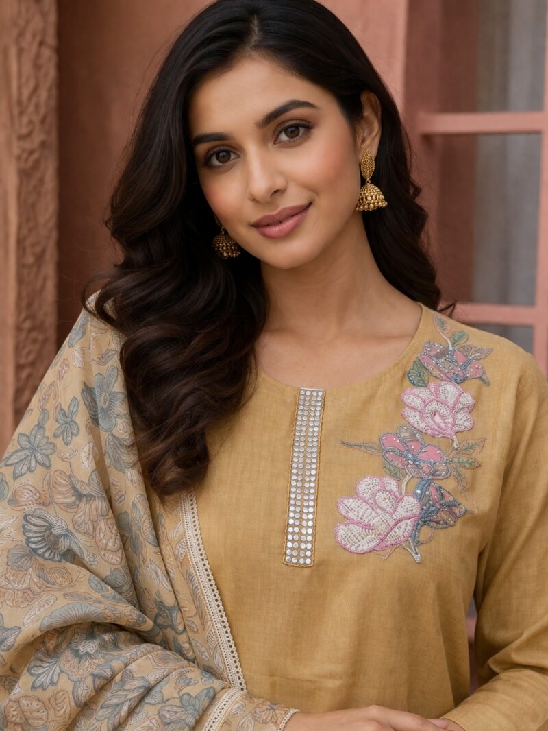 unstitched aqua green embroidered cotton slub suit set with dupatta