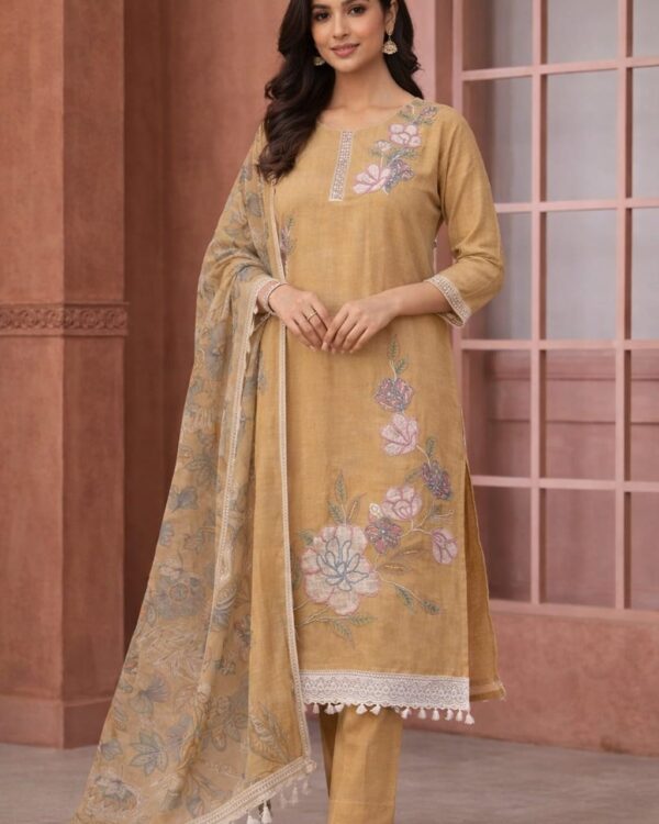 unstitched aqua green embroidered cotton slub suit set with dupatta