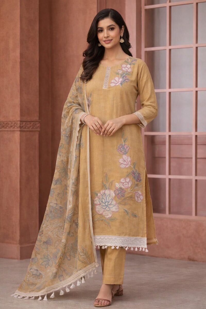 unstitched aqua green embroidered cotton slub suit set with dupatta