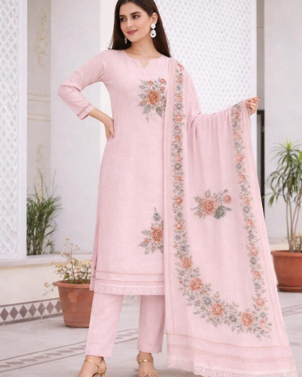 unstitched cream cotton floral printed suit set with dupatta
