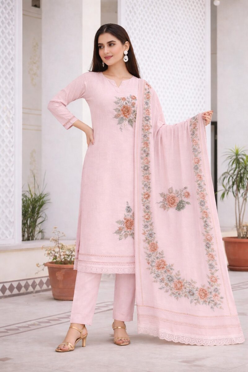 unstitched cream cotton floral printed suit set with dupatta
