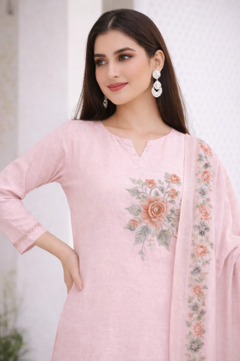 unstitched cream cotton floral printed suit set with dupatta