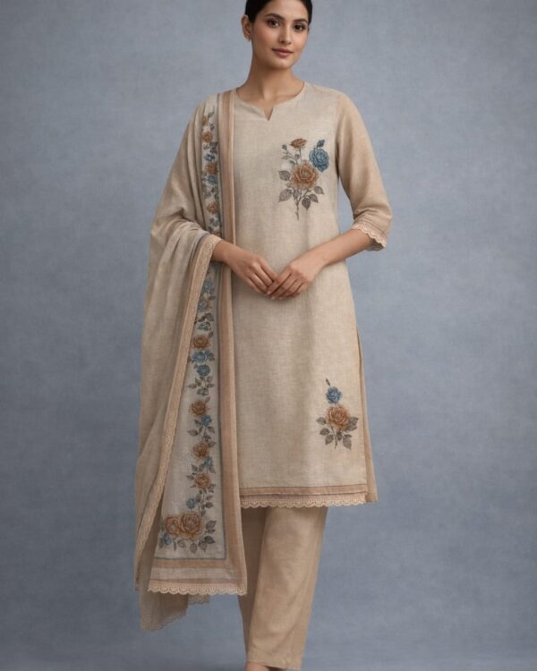 unstitched cream cotton floral printed suit set with dupatta
