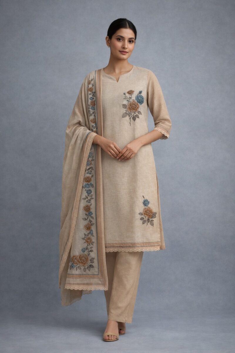 unstitched cream cotton floral printed suit set with dupatta