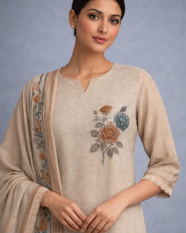 unstitched cream cotton floral printed suit set with dupatta