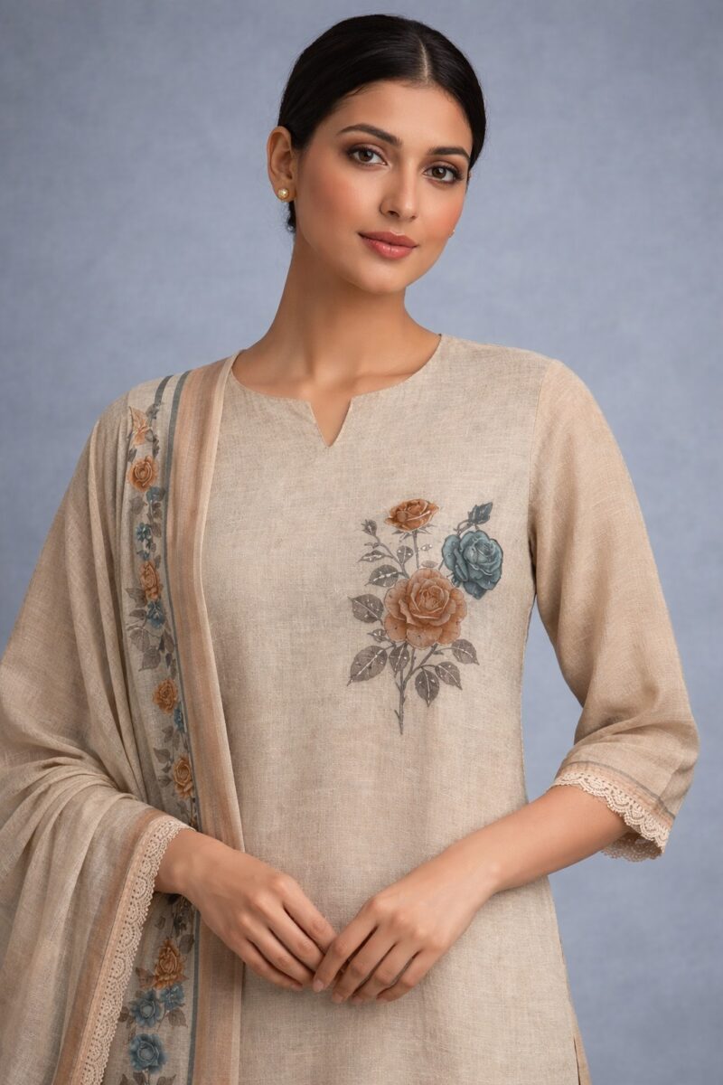 unstitched cream cotton floral printed suit set with dupatta