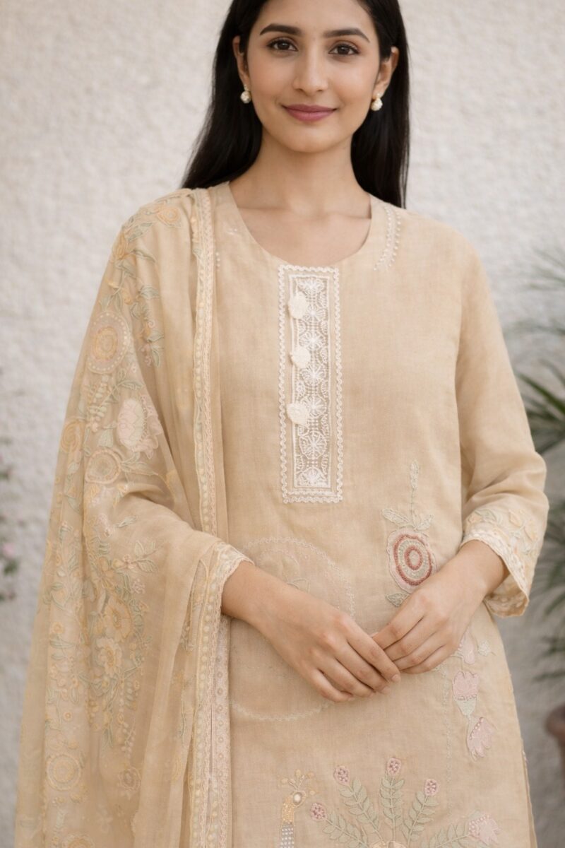 unstitched sea green embroidered with artistic printed cotton suit set with dupatta