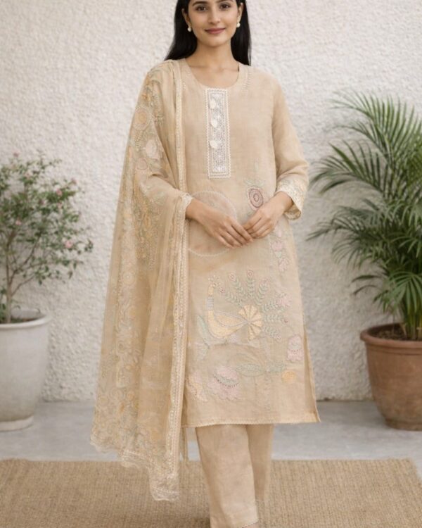 unstitched sea green embroidered with artistic printed cotton suit set with dupatta