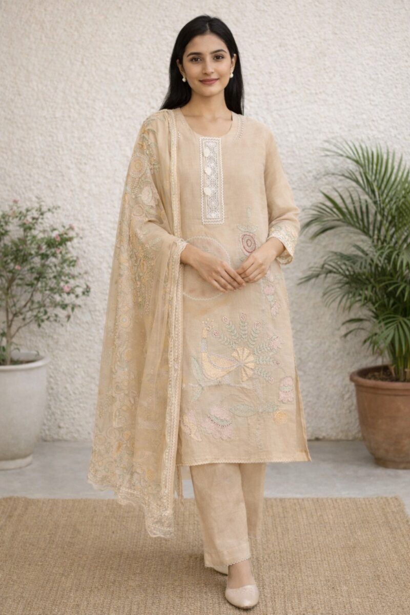 unstitched sea green embroidered with artistic printed cotton suit set with dupatta