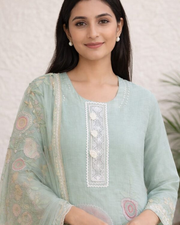 unstitched sea green embroidered with artistic printed cotton suit set with dupatta