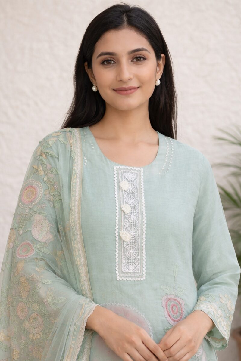 unstitched sea green embroidered with artistic printed cotton suit set with dupatta