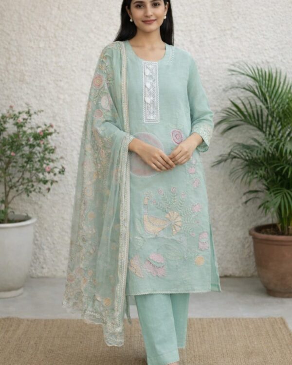 unstitched sea green embroidered with artistic printed cotton suit set with dupatta
