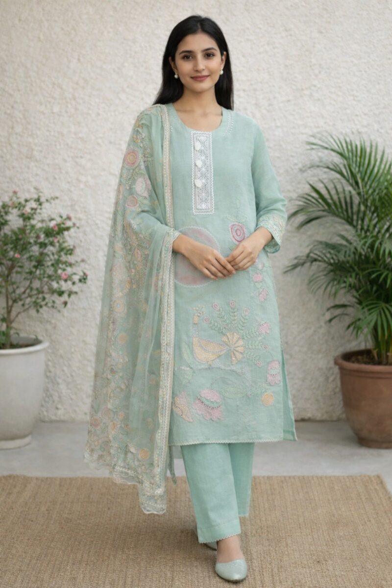 unstitched sea green embroidered with artistic printed cotton suit set with dupatta