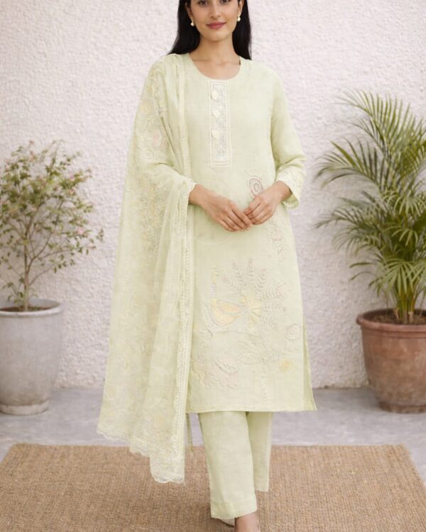 unstitched sea green embroidered with artistic printed cotton suit set with dupatta