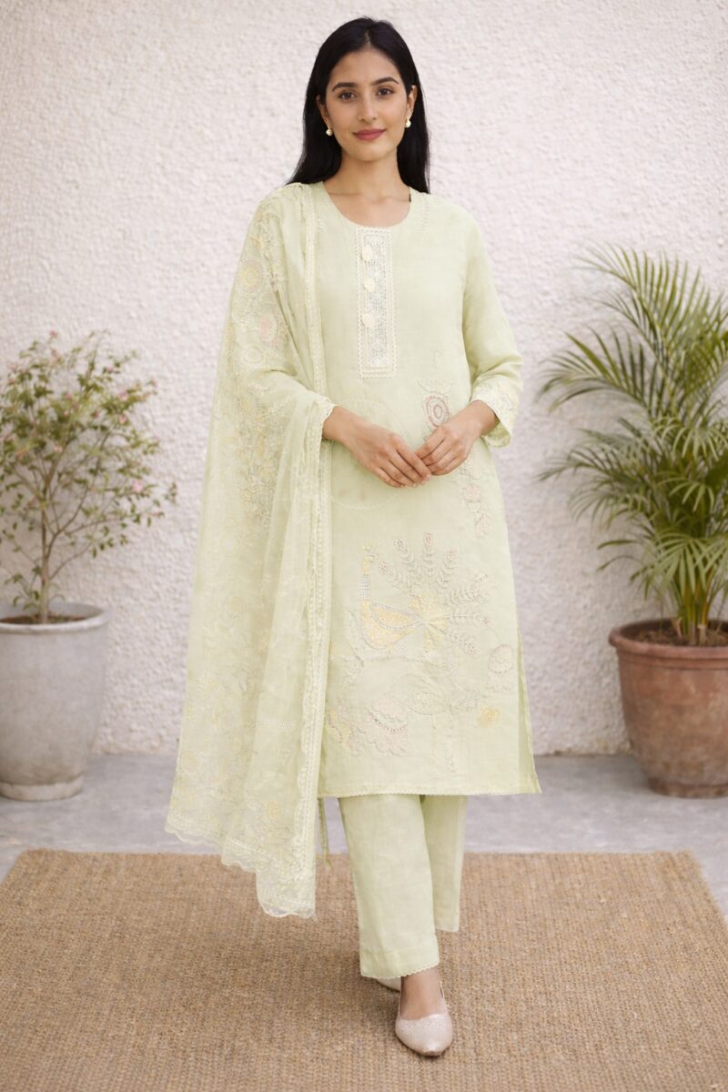 unstitched sea green embroidered with artistic printed cotton suit set with dupatta