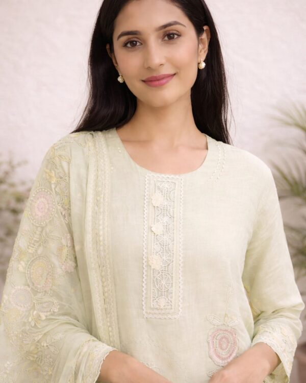 unstitched sea green embroidered with artistic printed cotton suit set with dupatta