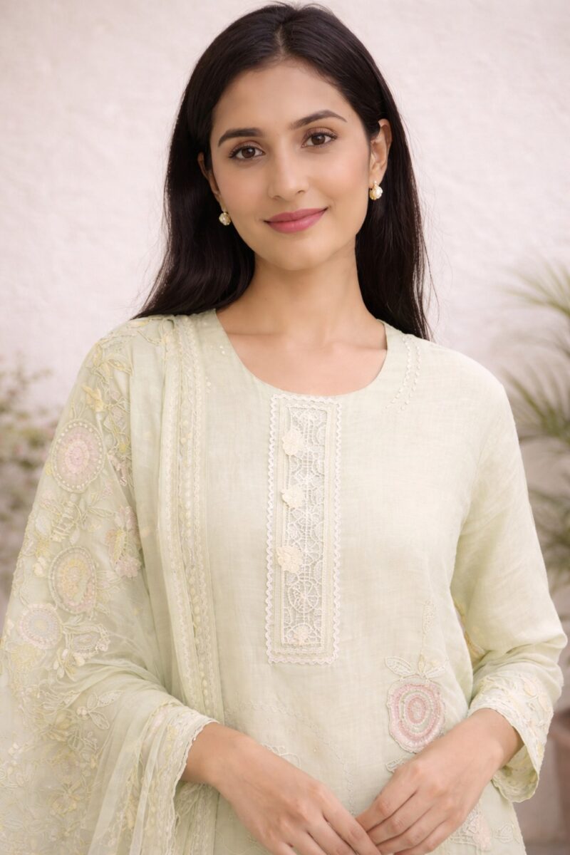 unstitched sea green embroidered with artistic printed cotton suit set with dupatta