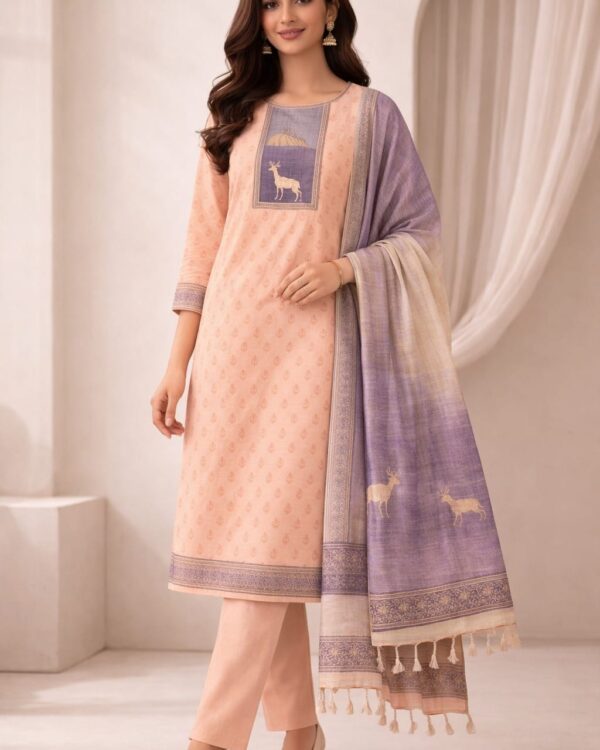 unstitched offwhite with pink print cotton suit set with dupatta