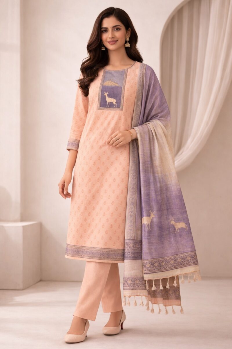 unstitched offwhite with pink print cotton suit set with dupatta