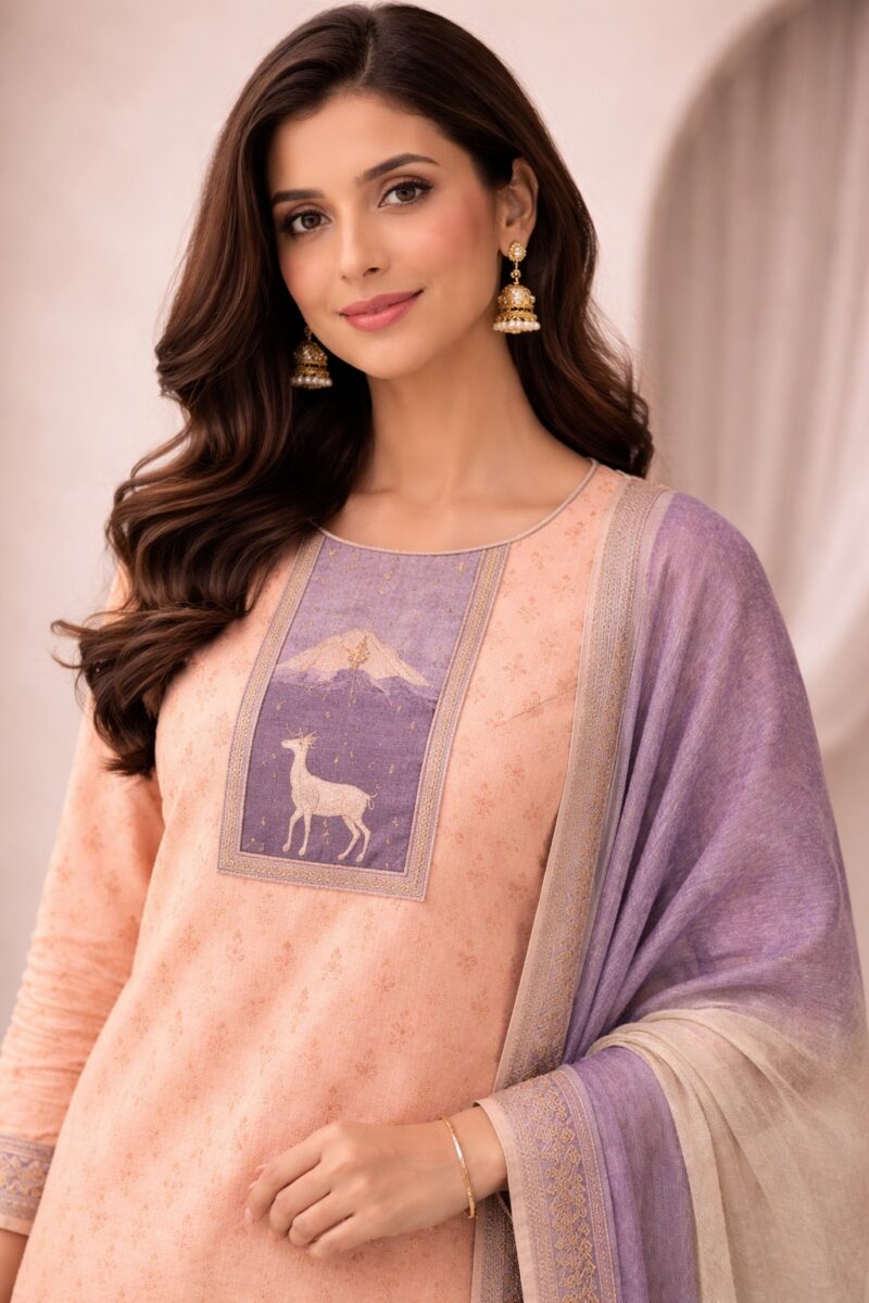 unstitched offwhite with pink print cotton suit set with dupatta