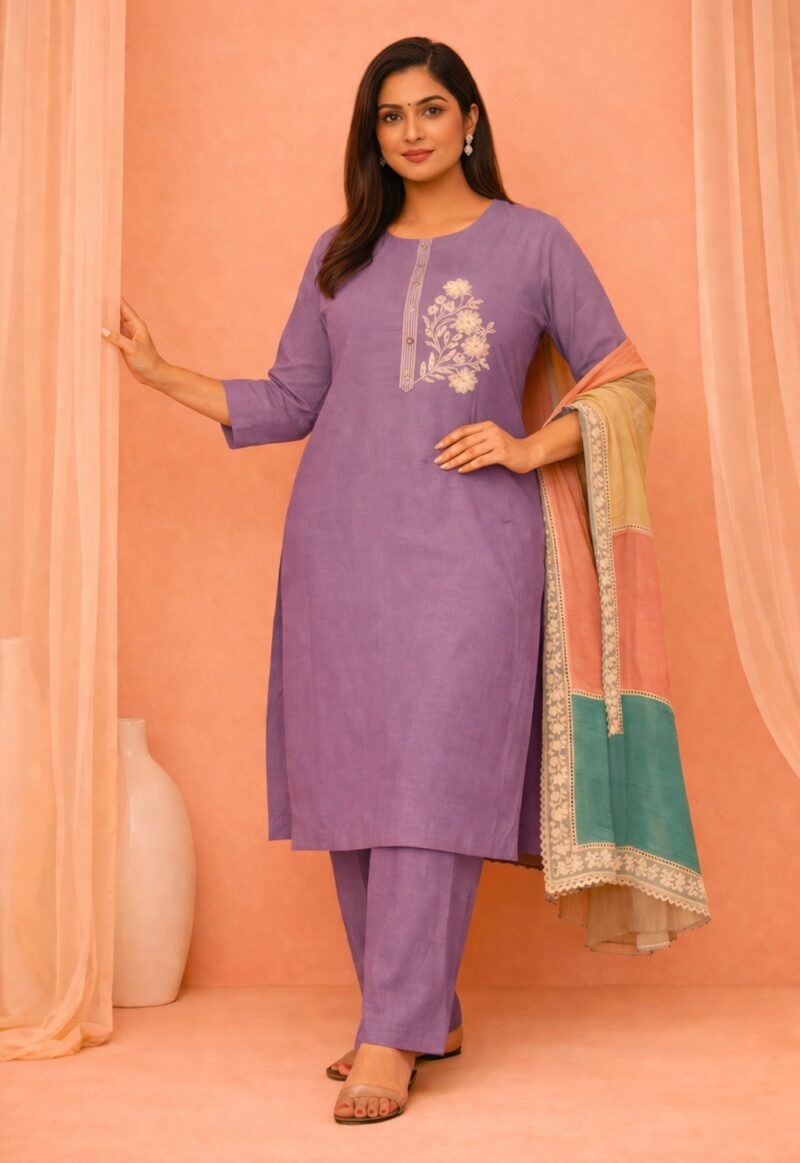 unstitched pastel pink embroidered cotton suit set with a contrasting dupatta