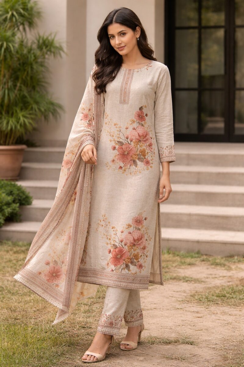 unstitched beige with floral printed cotton suit set with dupatta