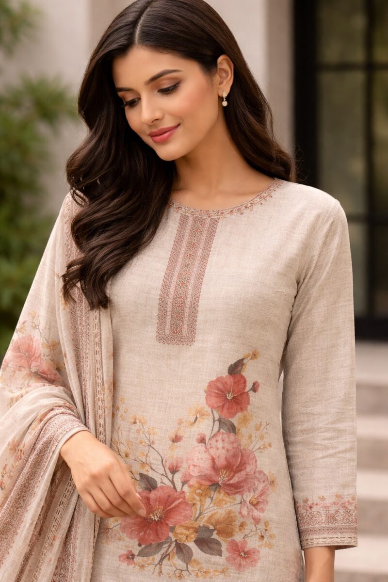 unstitched beige with floral printed cotton suit set with dupatta