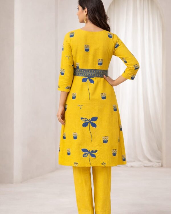 mustard yellow with blue print cotton kurta pant set