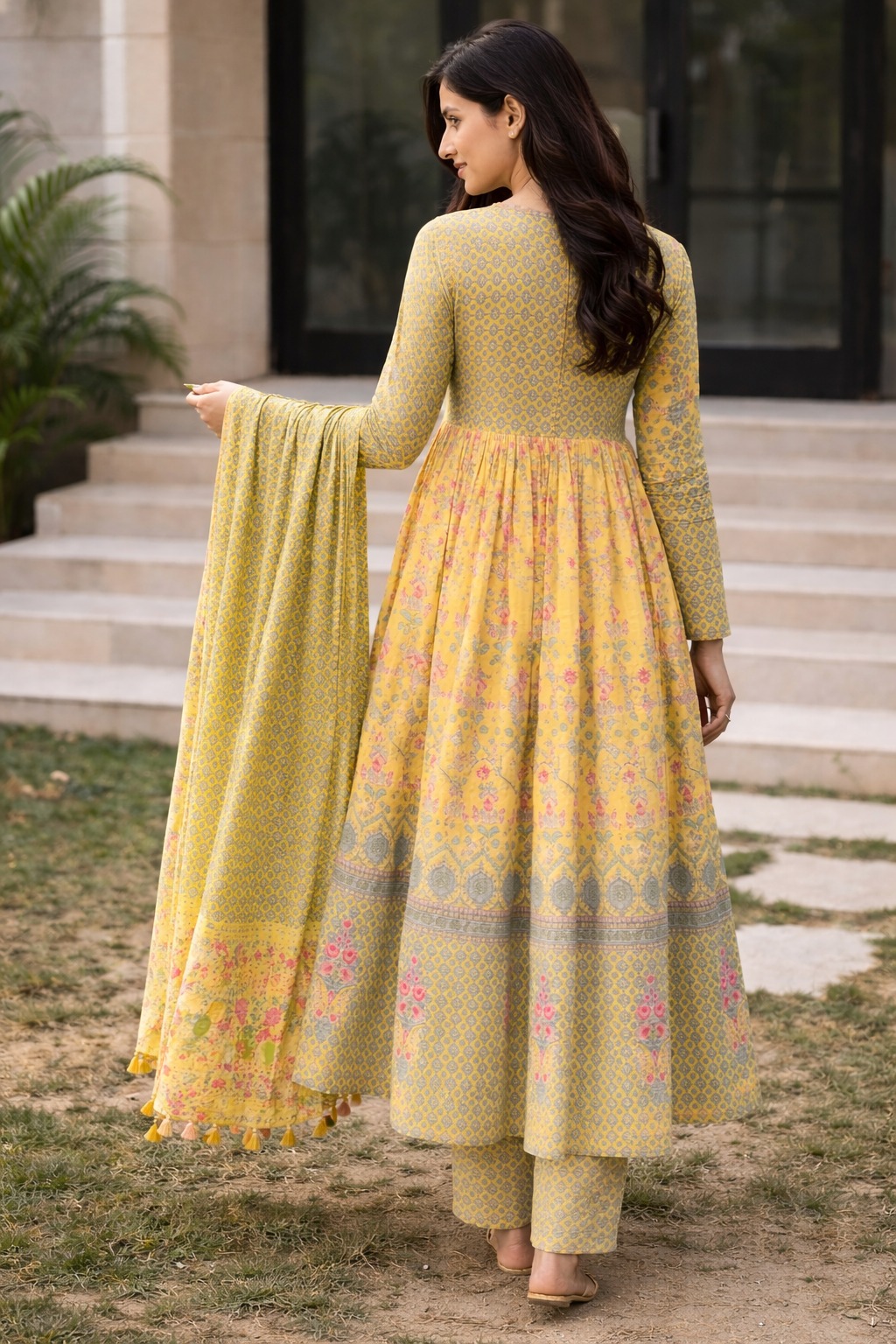 Mustard yellow malmal floral kurta palazzo set with printed dupatta - Image 3