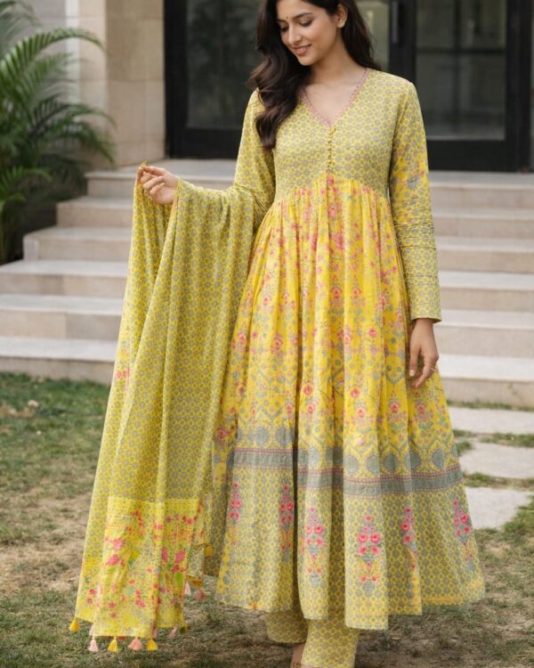 Mustard yellow malmal floral kurta palazzo set with printed dupatta