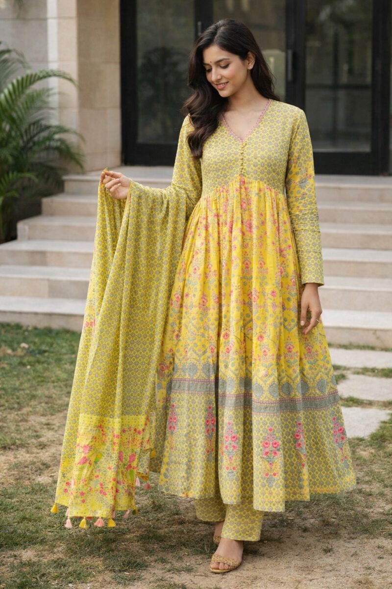 Mustard yellow malmal floral kurta palazzo set with printed dupatta
