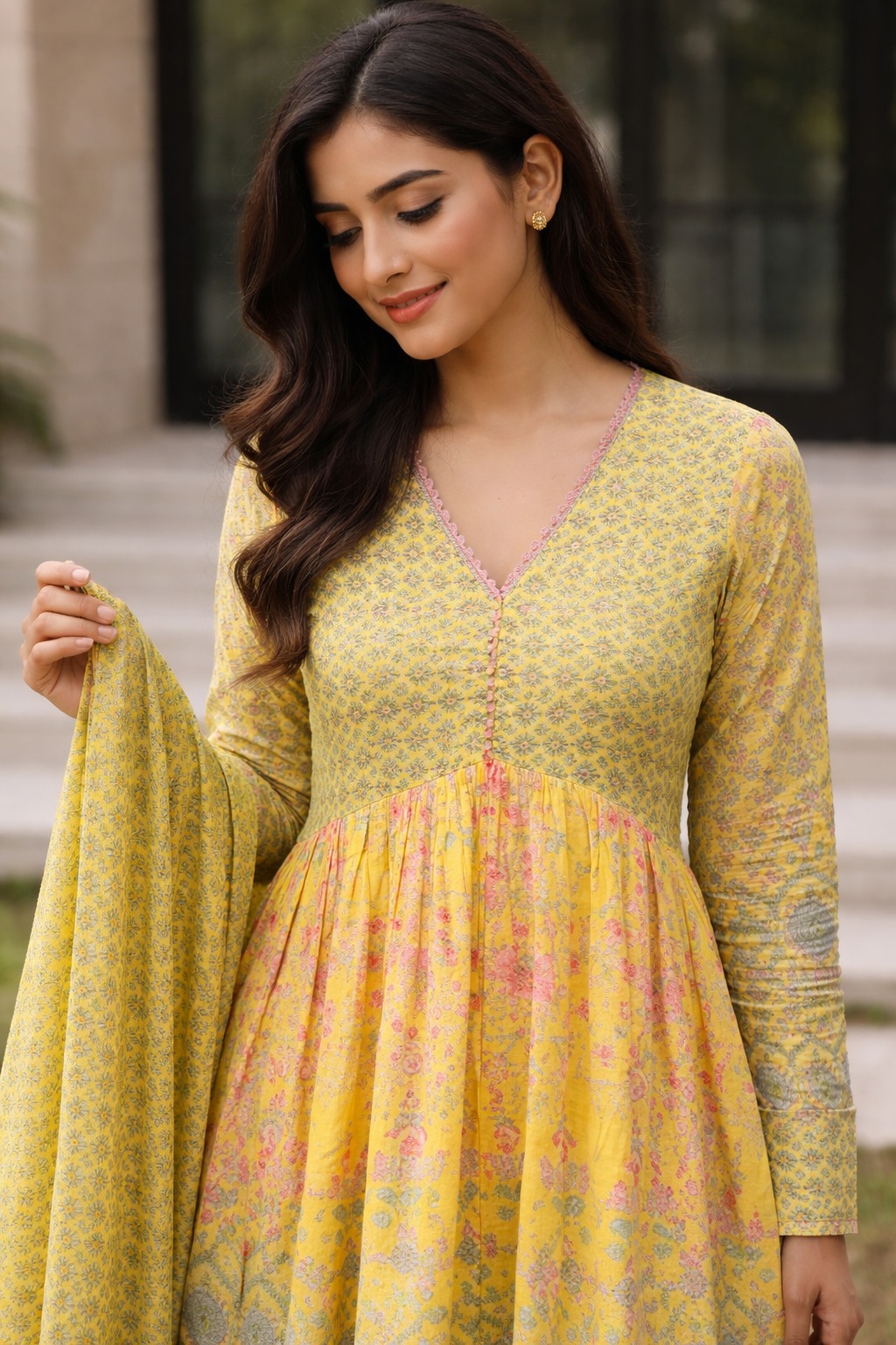 Mustard yellow malmal floral kurta palazzo set with printed dupatta - Image 2