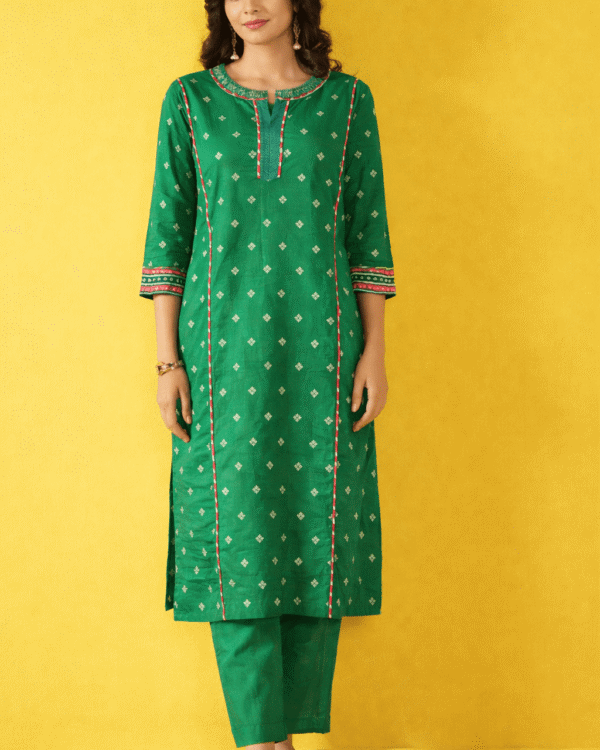 emerald green jacquard booti silk kurta pant set