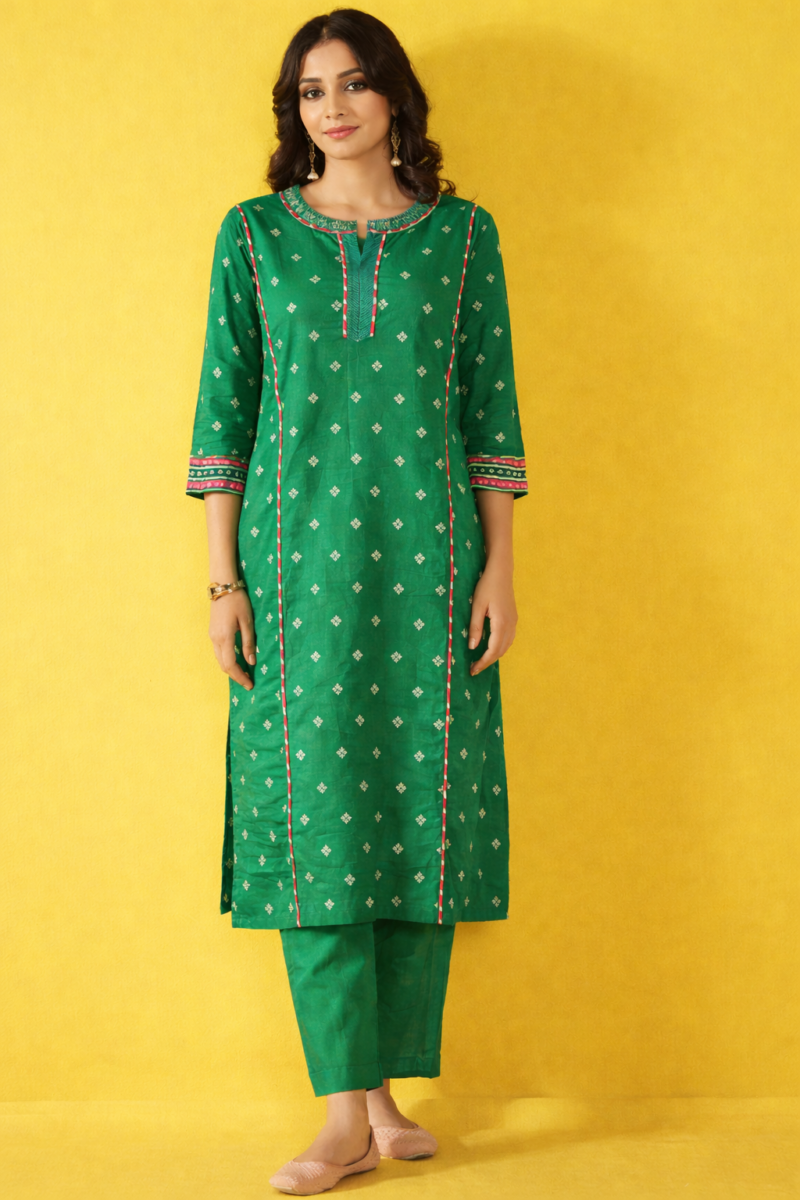emerald green jacquard booti silk kurta pant set