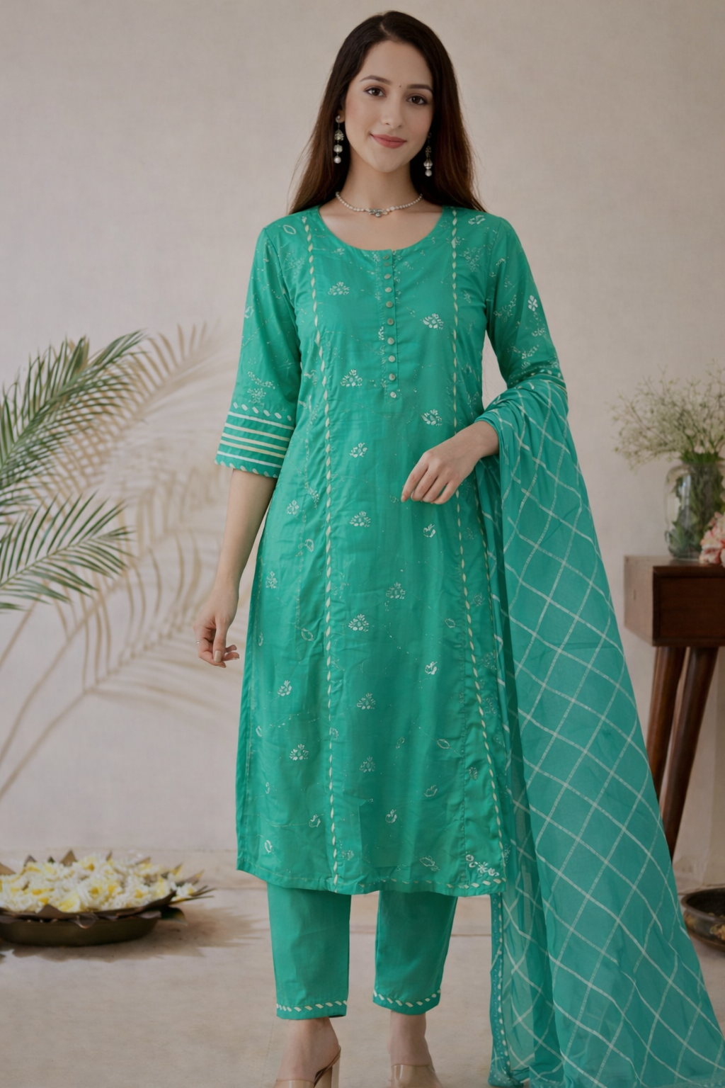green silk embroidered kurta pant set with dupatta
