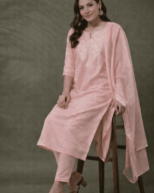 blush pink with gota work malmal cotton kurta pant set with dupatta