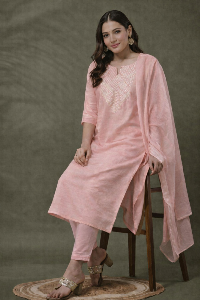 blush pink with gota work malmal cotton kurta pant set with dupatta