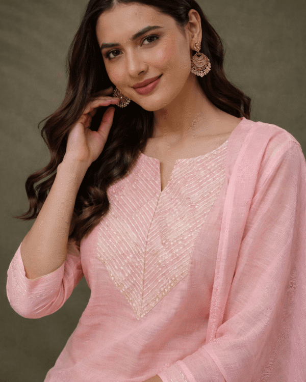 blush pink with gota work malmal cotton kurta pant set with dupatta