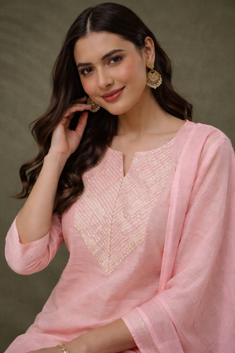 blush pink with gota work malmal cotton kurta pant set with dupatta