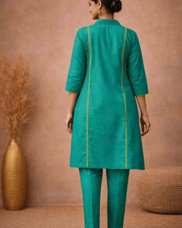 teal linen with lime piping shirt collar kurta pant set