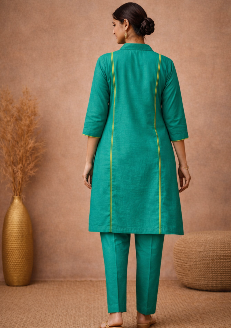 teal linen with lime piping shirt collar kurta pant set