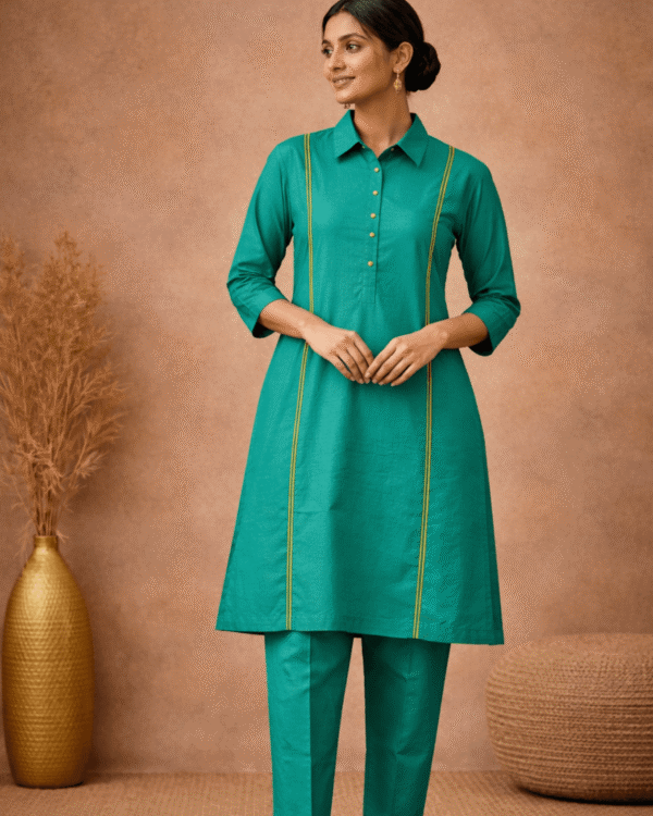 teal linen with lime piping shirt collar kurta pant set