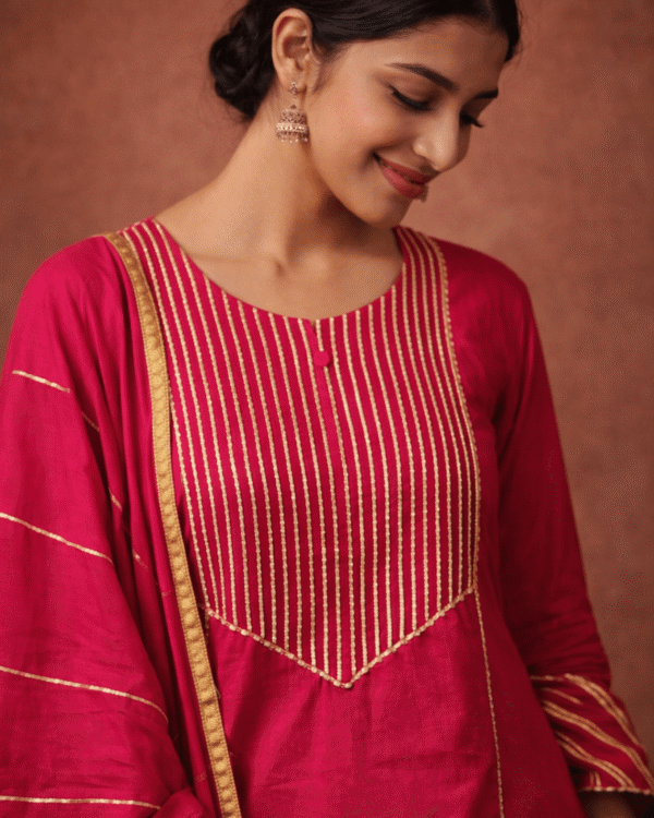 fuchsia gota work cotton kurta pant set with gold stripes dupatta