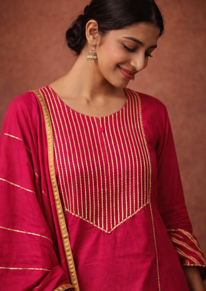fuchsia gota work cotton kurta pant set with gold stripes dupatta